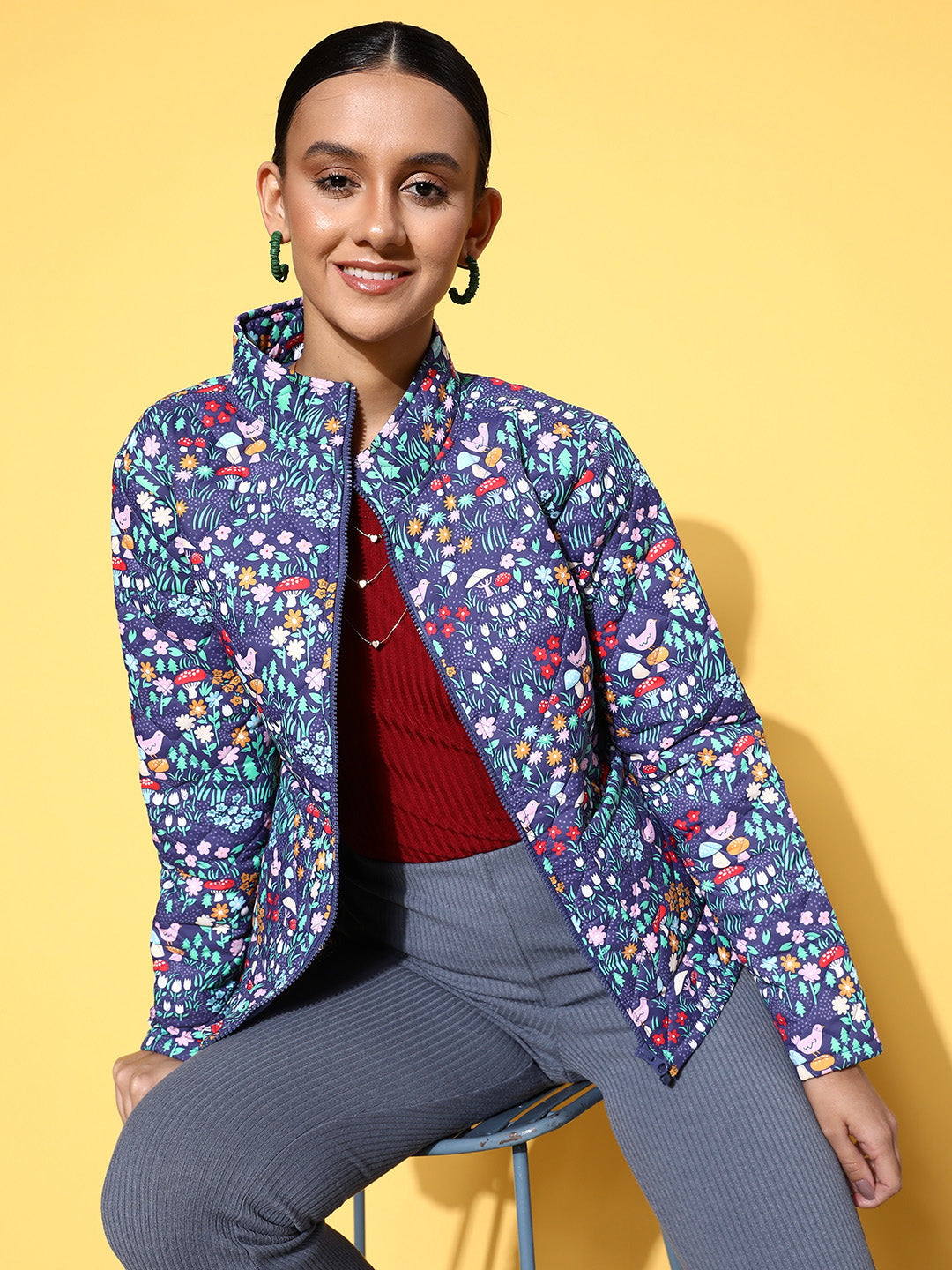Purple Garden Floral Puffer Jacket