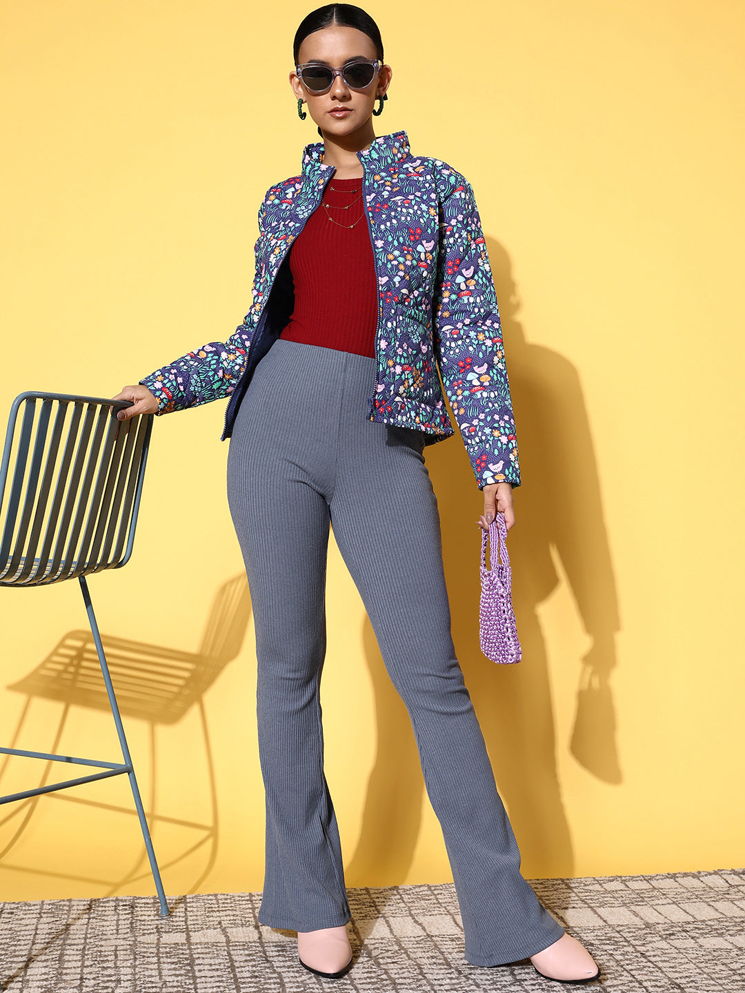 Purple Garden Floral Puffer Jacket