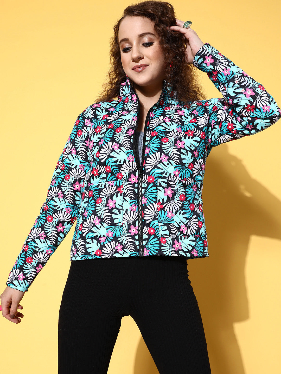 Black & Teal Tropical Puffer Jacket