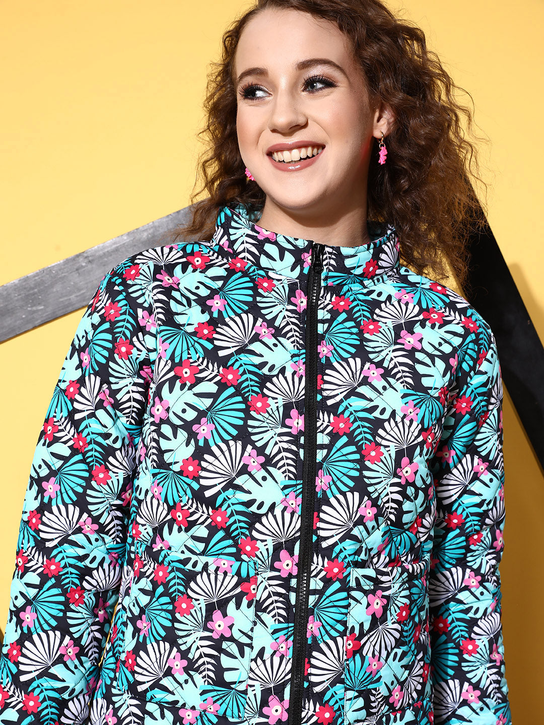Black & Teal Tropical Puffer Jacket