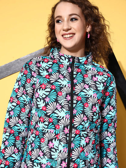 Black & Teal Tropical Puffer Jacket