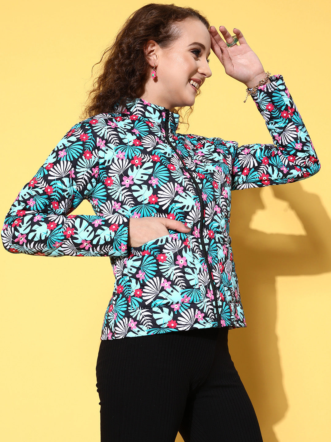 Black & Teal Tropical Puffer Jacket