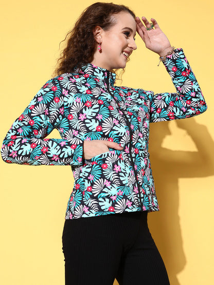 Black & Teal Tropical Puffer Jacket