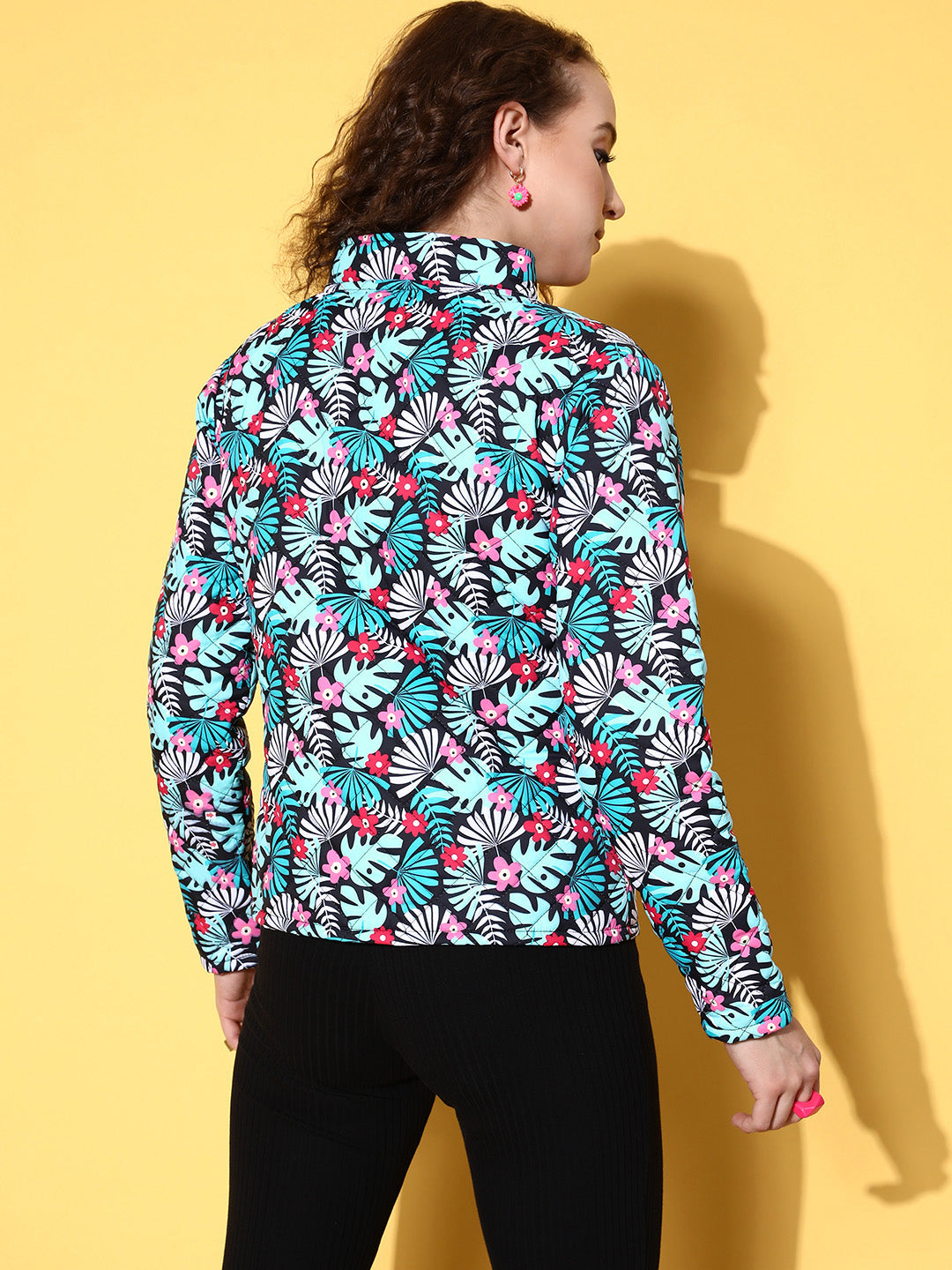 Black & Teal Tropical Puffer Jacket
