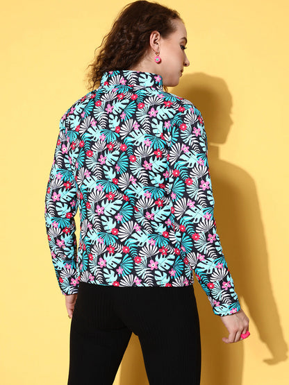 Black & Teal Tropical Puffer Jacket