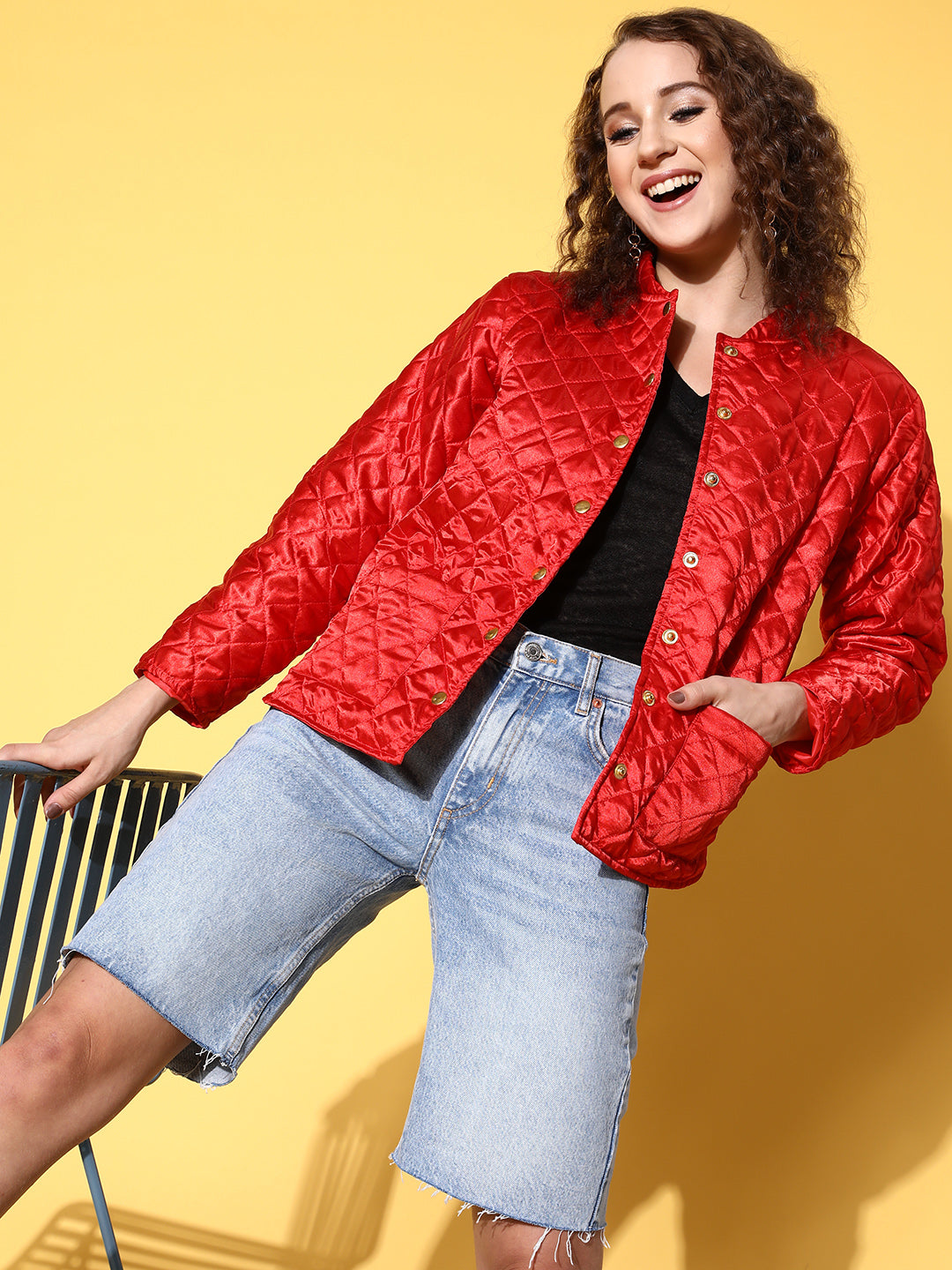Red Satin Front Pockets Puffer Jacket