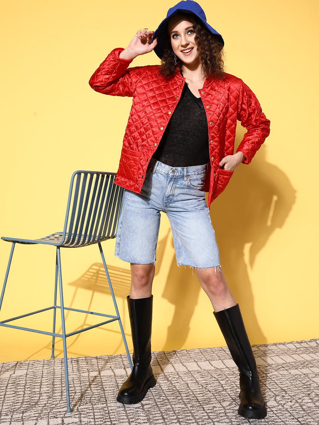 Red Satin Front Pockets Puffer Jacket