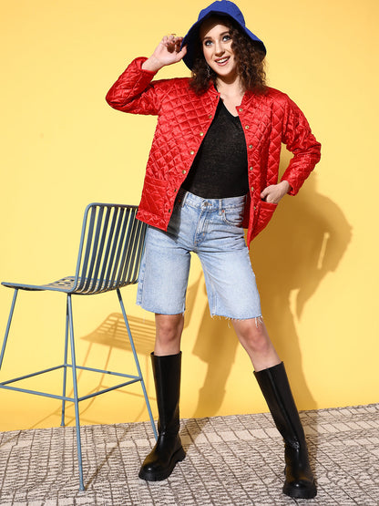 Red Satin Front Pockets Puffer Jacket