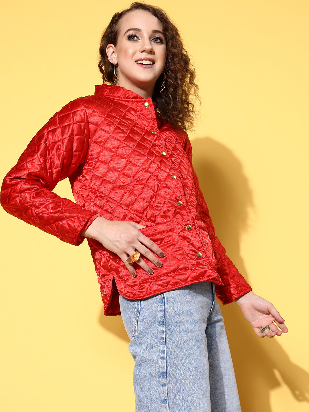 Red Satin Front Pockets Puffer Jacket
