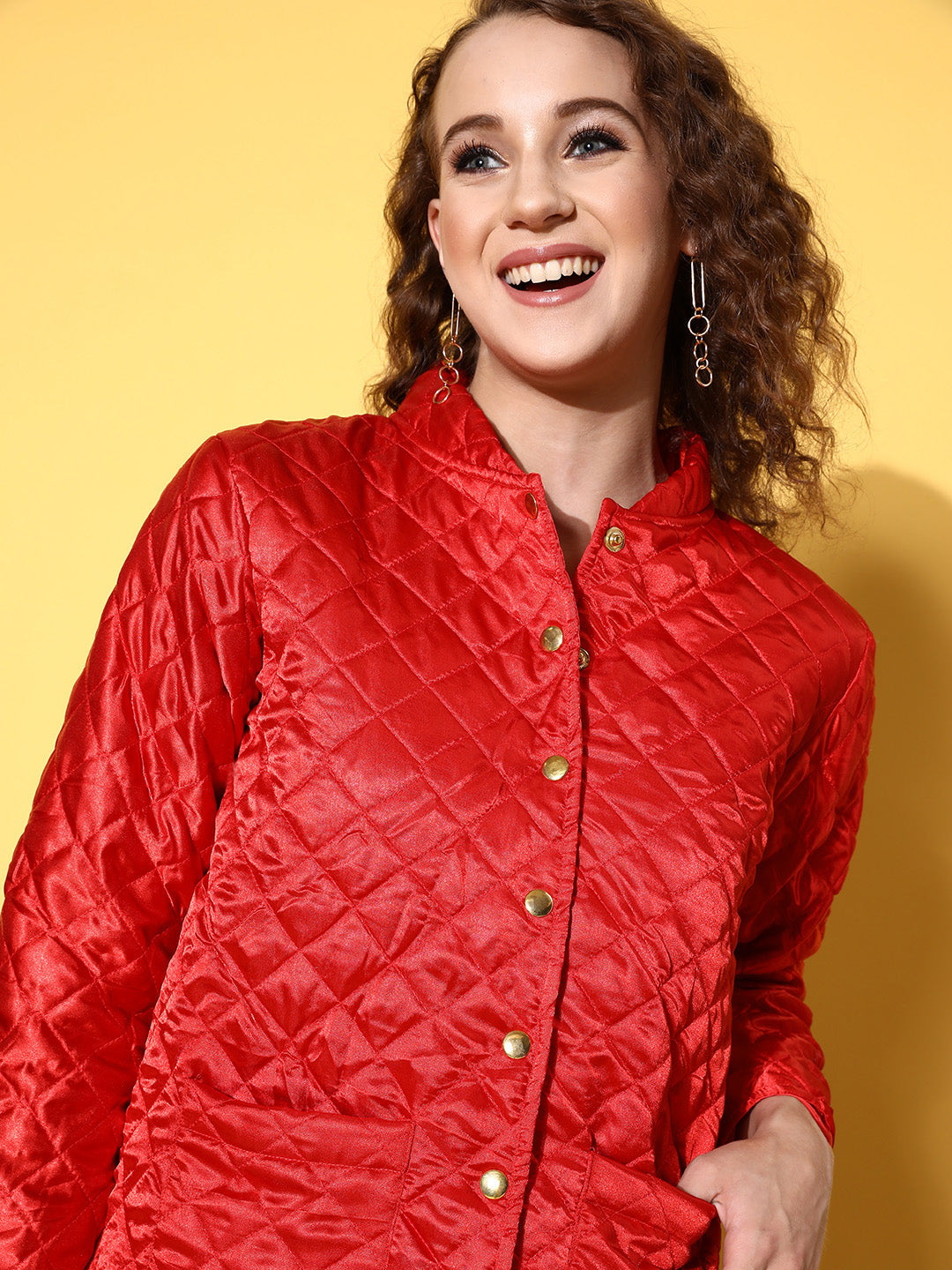 Red Satin Front Pockets Puffer Jacket