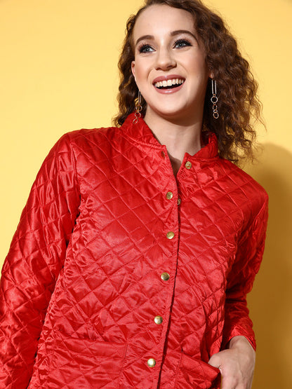Red Satin Front Pockets Puffer Jacket