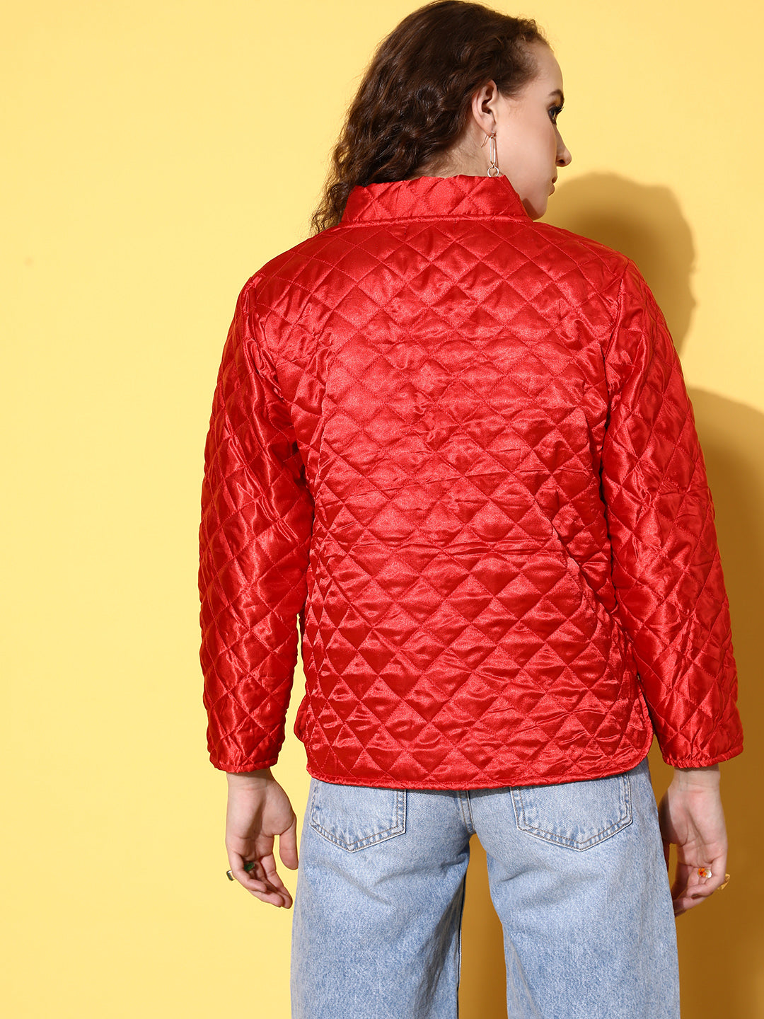Red Satin Front Pockets Puffer Jacket