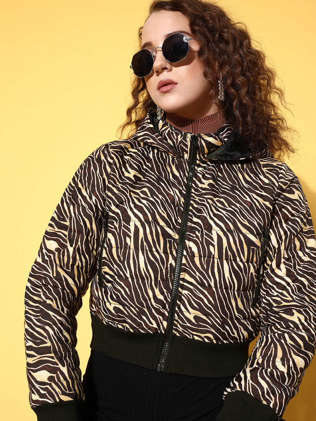 Brown Zebra Horizontal Quilted Crop Puffer Jacket