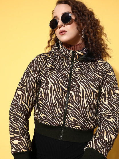 Brown Zebra Horizontal Quilted Crop Puffer Jacket