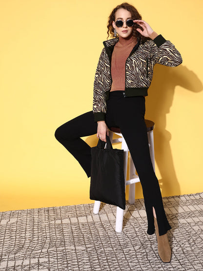 Brown Zebra Horizontal Quilted Crop Puffer Jacket