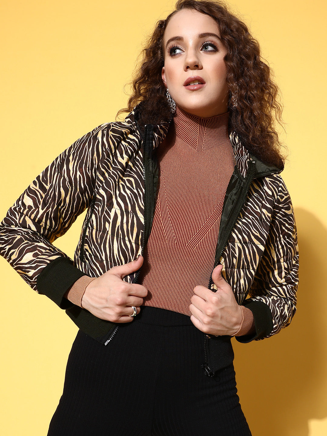 Brown Zebra Horizontal Quilted Crop Puffer Jacket