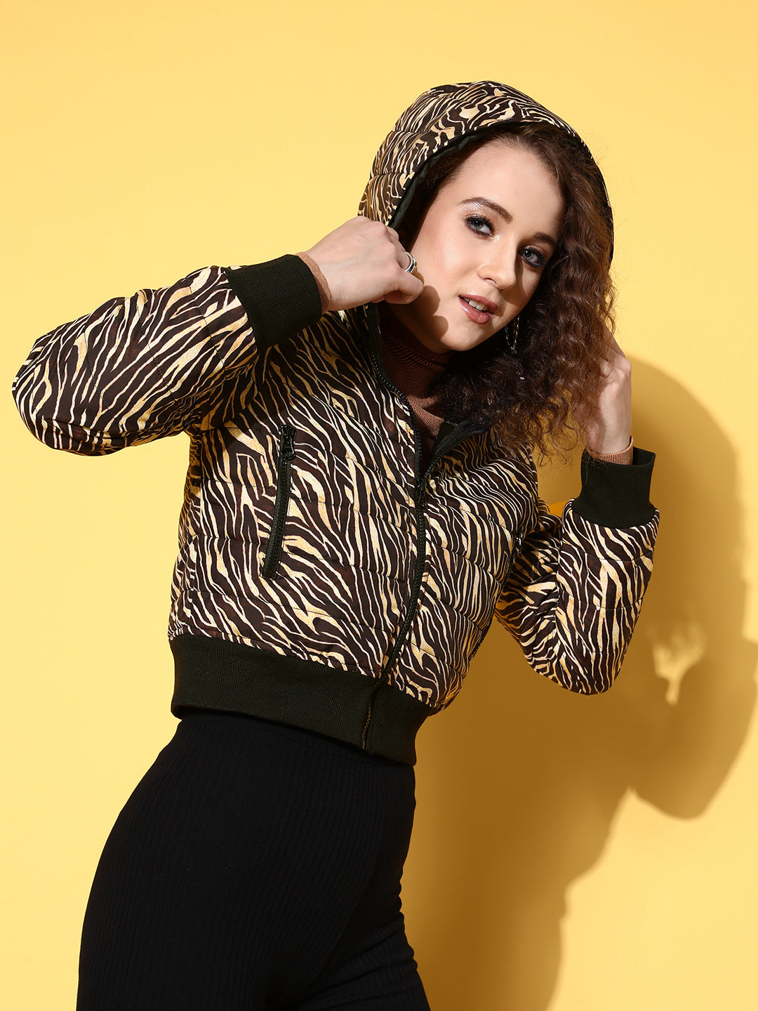 Brown Zebra Horizontal Quilted Crop Puffer Jacket