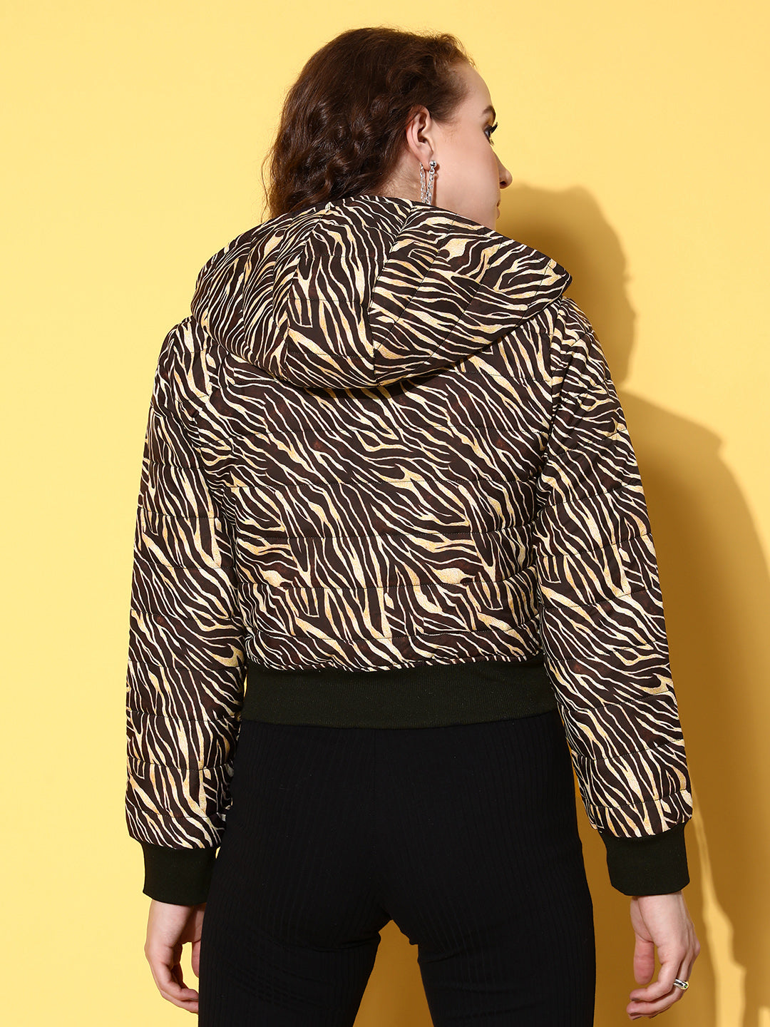 Brown Zebra Horizontal Quilted Crop Puffer Jacket