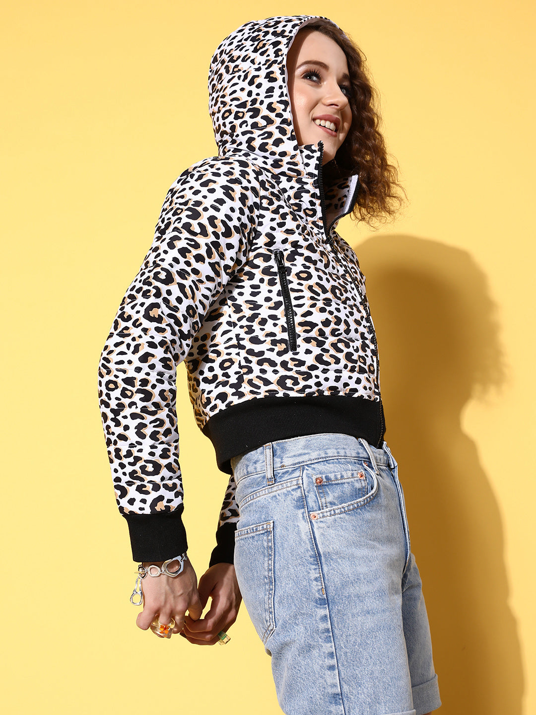 White Leapord Horizontal Quilted Crop Puffer Jacket