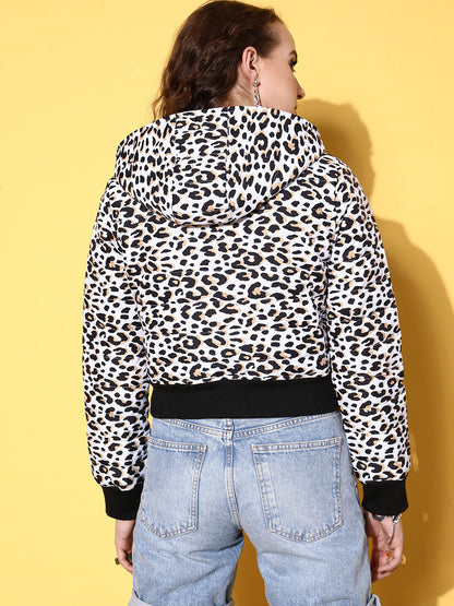 White Leapord Horizontal Quilted Crop Puffer Jacket