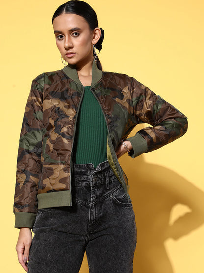 Olive Camouflage Print Front Zipper Quilted Puffer Jacket