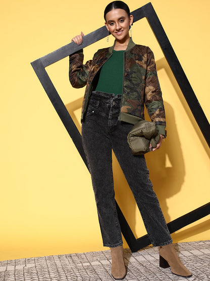 Olive Camouflage Print Front Zipper Quilted Puffer Jacket