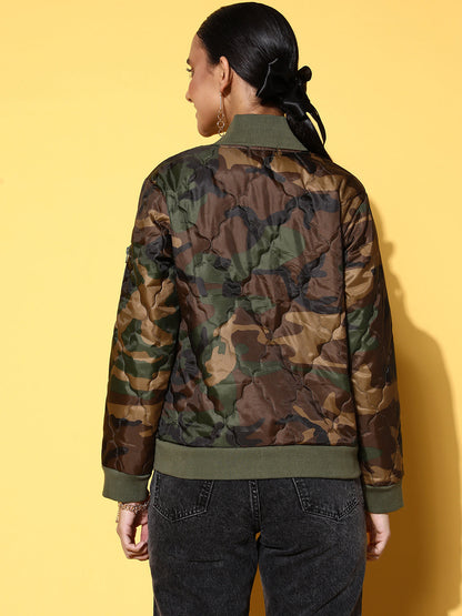 Olive Camouflage Print Front Zipper Quilted Puffer Jacket
