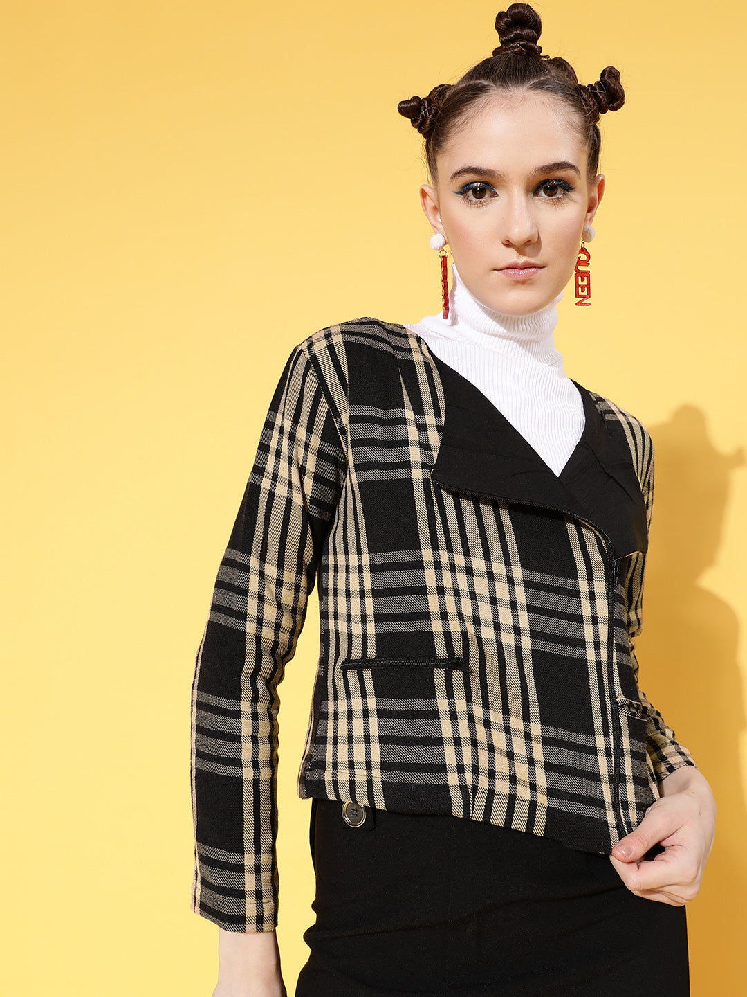 Brown Flannel Check Biker Jacket