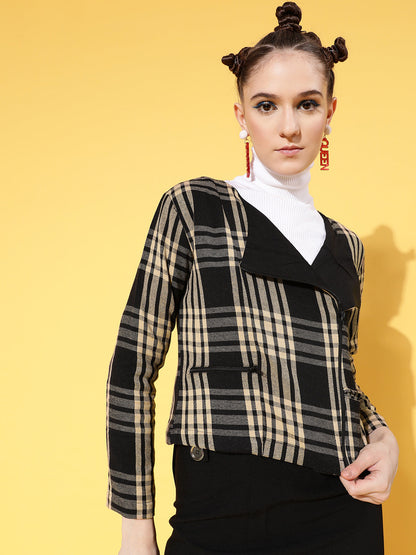 Brown Flannel Check Biker Jacket