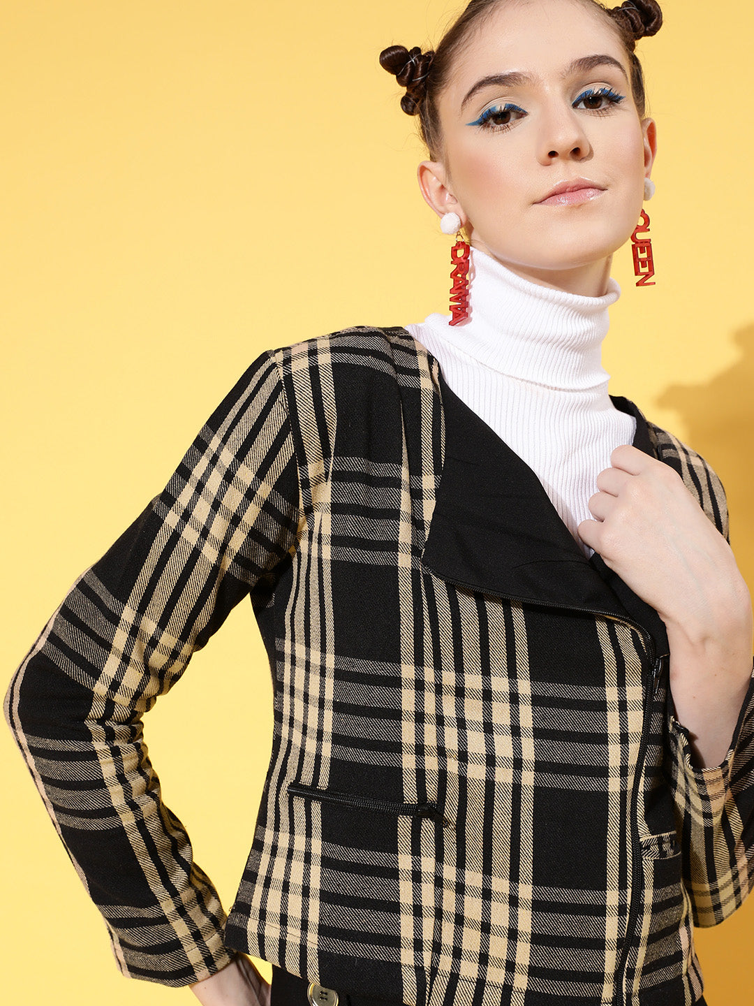 Brown Flannel Check Biker Jacket