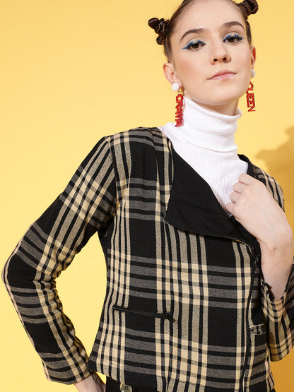 Brown Flannel Check Biker Jacket