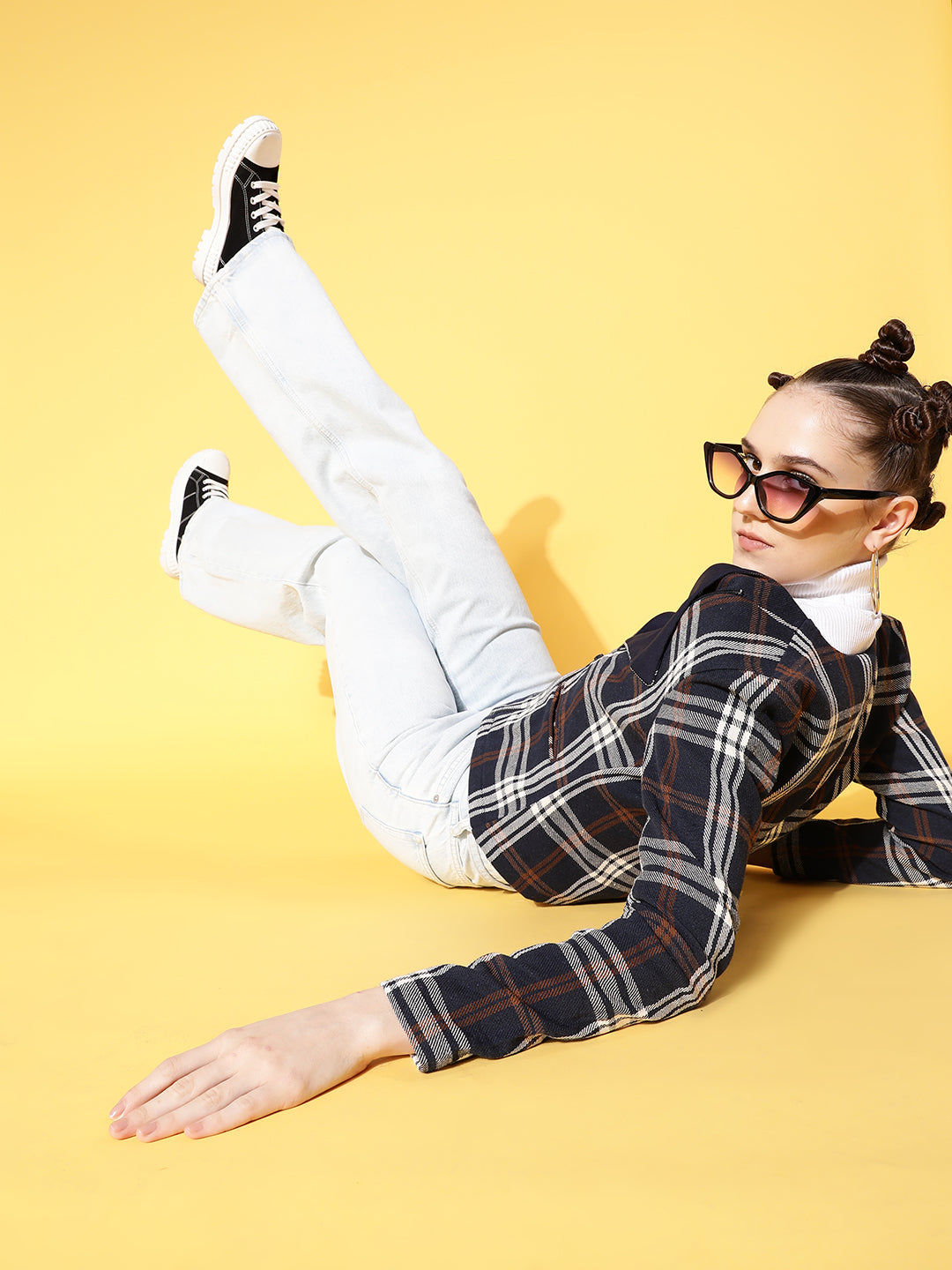 Navy Flannel Check Biker Jacket