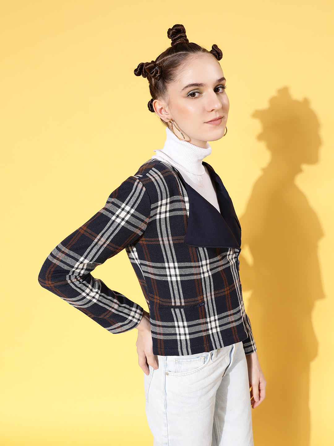 Navy Flannel Check Biker Jacket