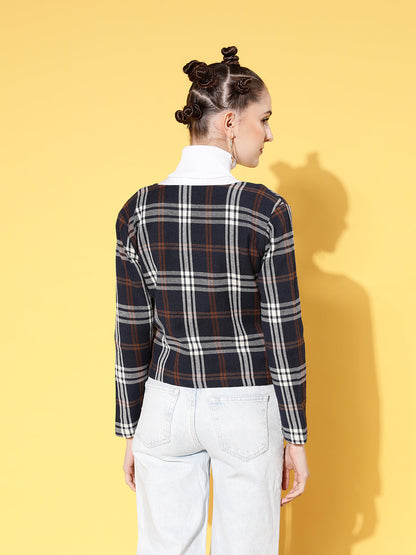 Navy Flannel Check Biker Jacket