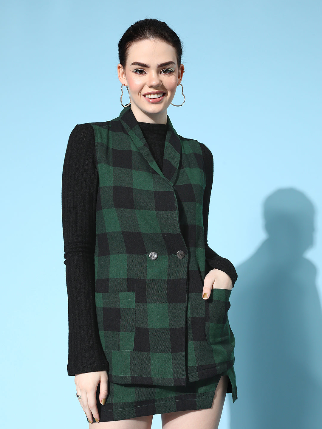 Green Flannel Check Sleeveless Blazer