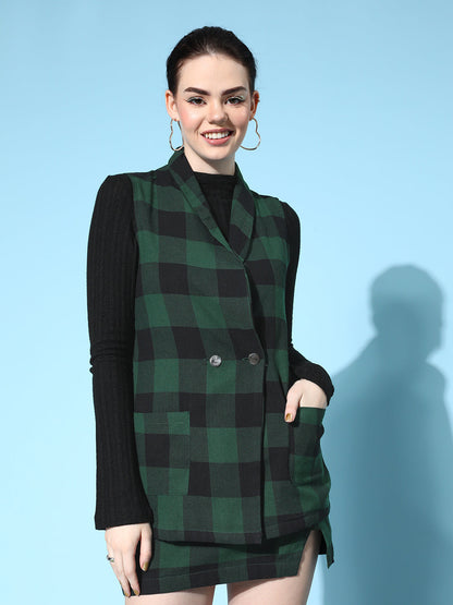 Green Flannel Check Sleeveless Blazer