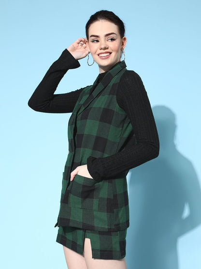 Green Flannel Check Sleeveless Blazer