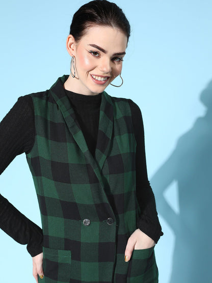 Green Flannel Check Sleeveless Blazer