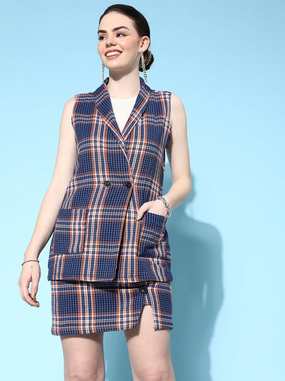 Blue Flannel Check Sleeveless Blazer