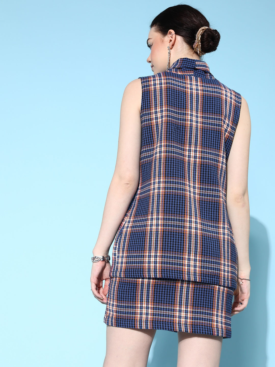 Blue Flannel Check Sleeveless Blazer