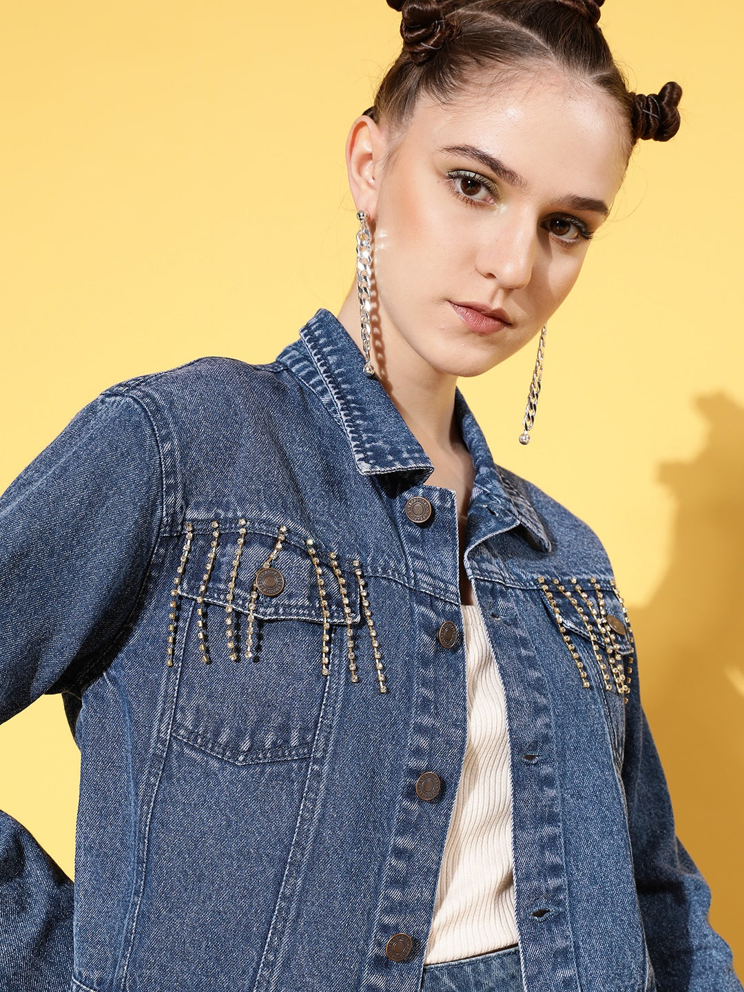 Navy Denim Diamante Chain Front Pocket Jacket