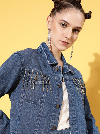 Navy Denim Diamante Chain Front Pocket Jacket