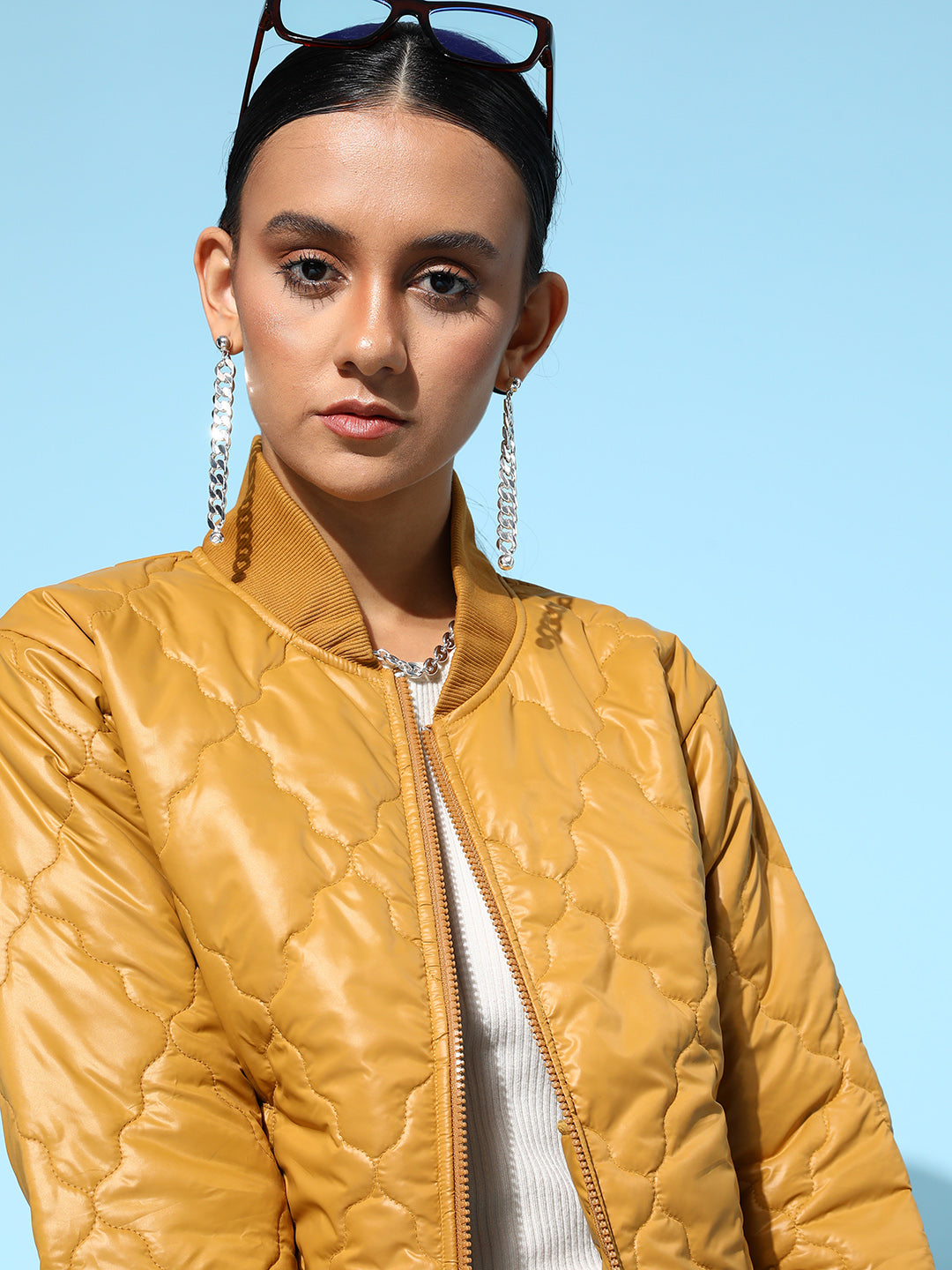 Mustard Front Pockets Puffer Bomber Jacket