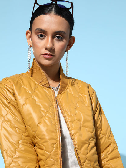 Mustard Front Pockets Puffer Bomber Jacket