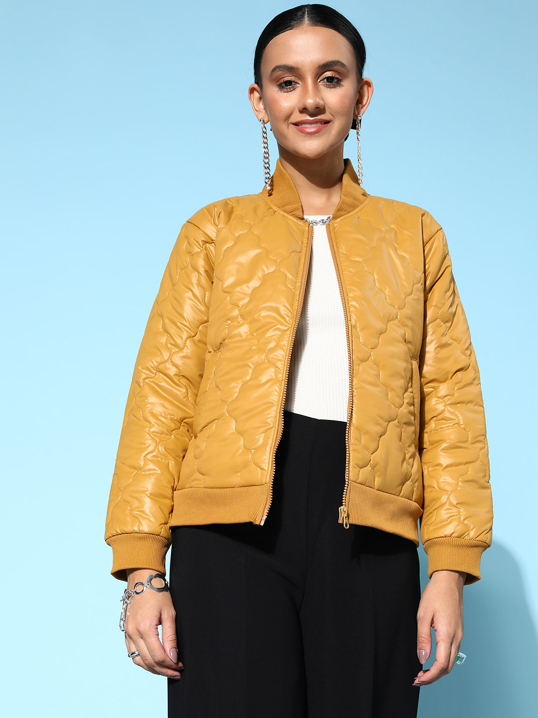 Mustard Front Pockets Puffer Bomber Jacket