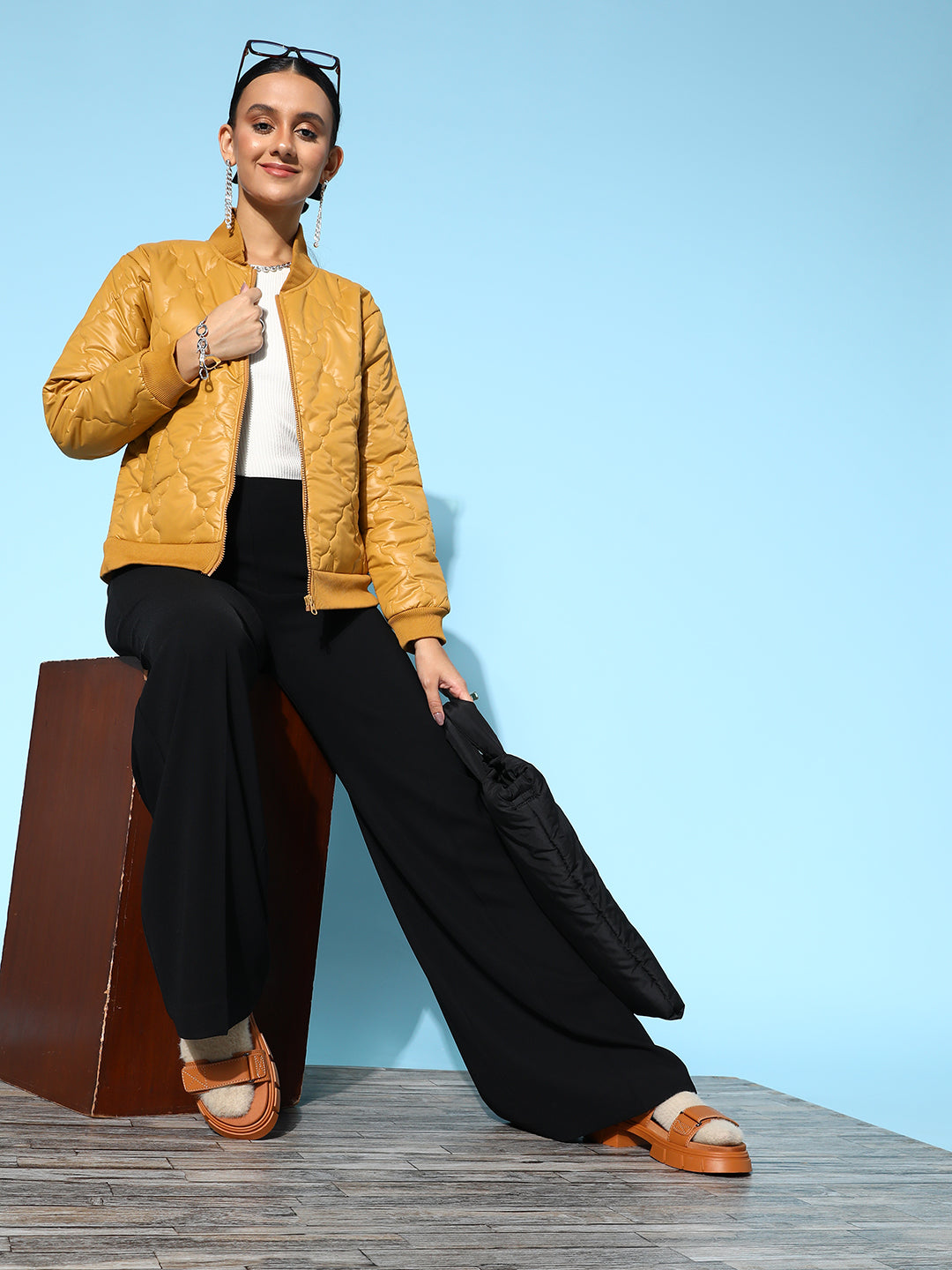 Mustard Front Pockets Puffer Bomber Jacket
