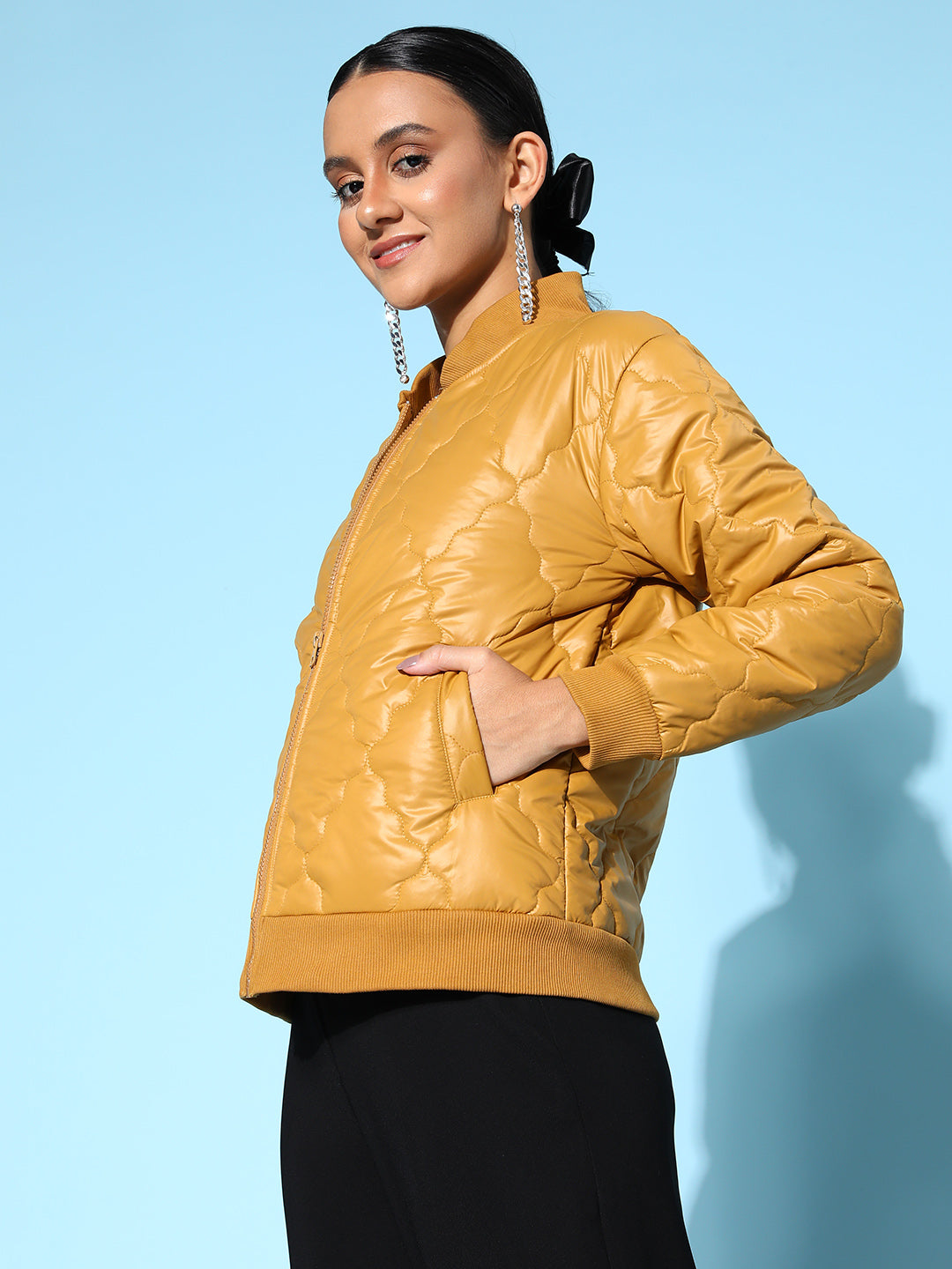 Mustard Front Pockets Puffer Bomber Jacket