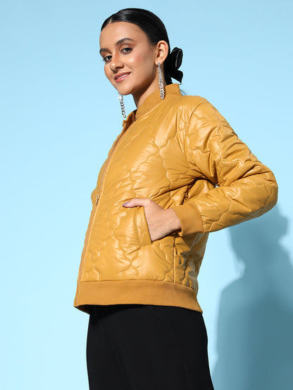 Mustard Front Pockets Puffer Bomber Jacket