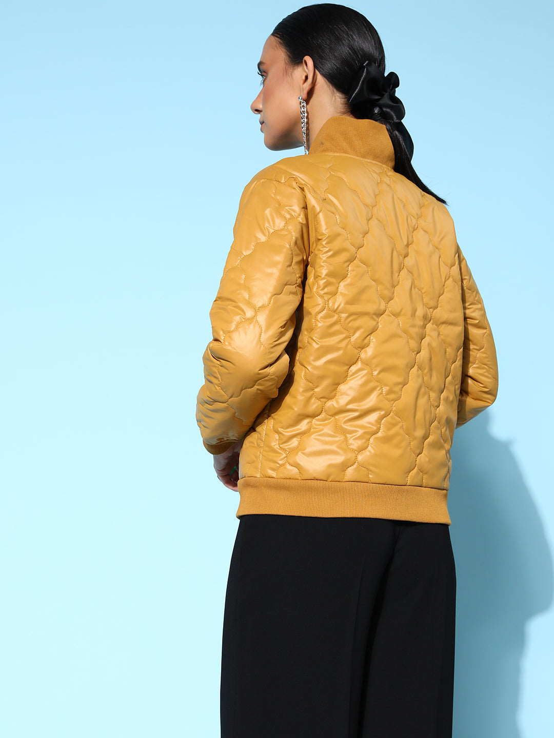 Mustard Front Pockets Puffer Bomber Jacket