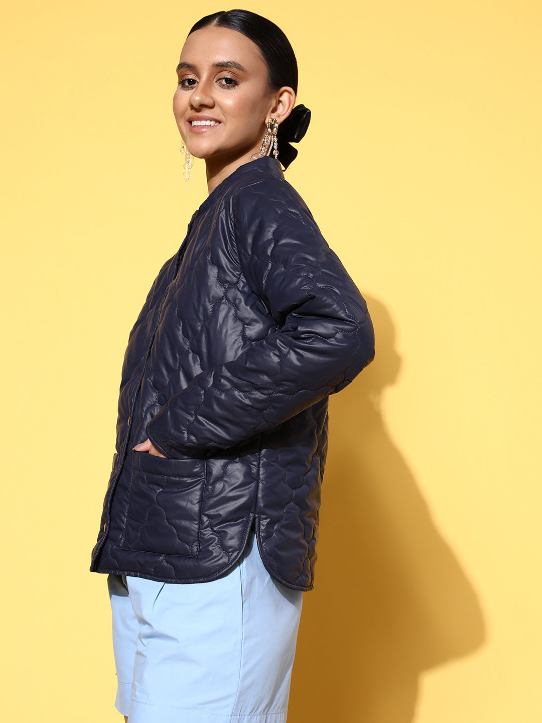 Navy Front Pockets Puffer Jacket